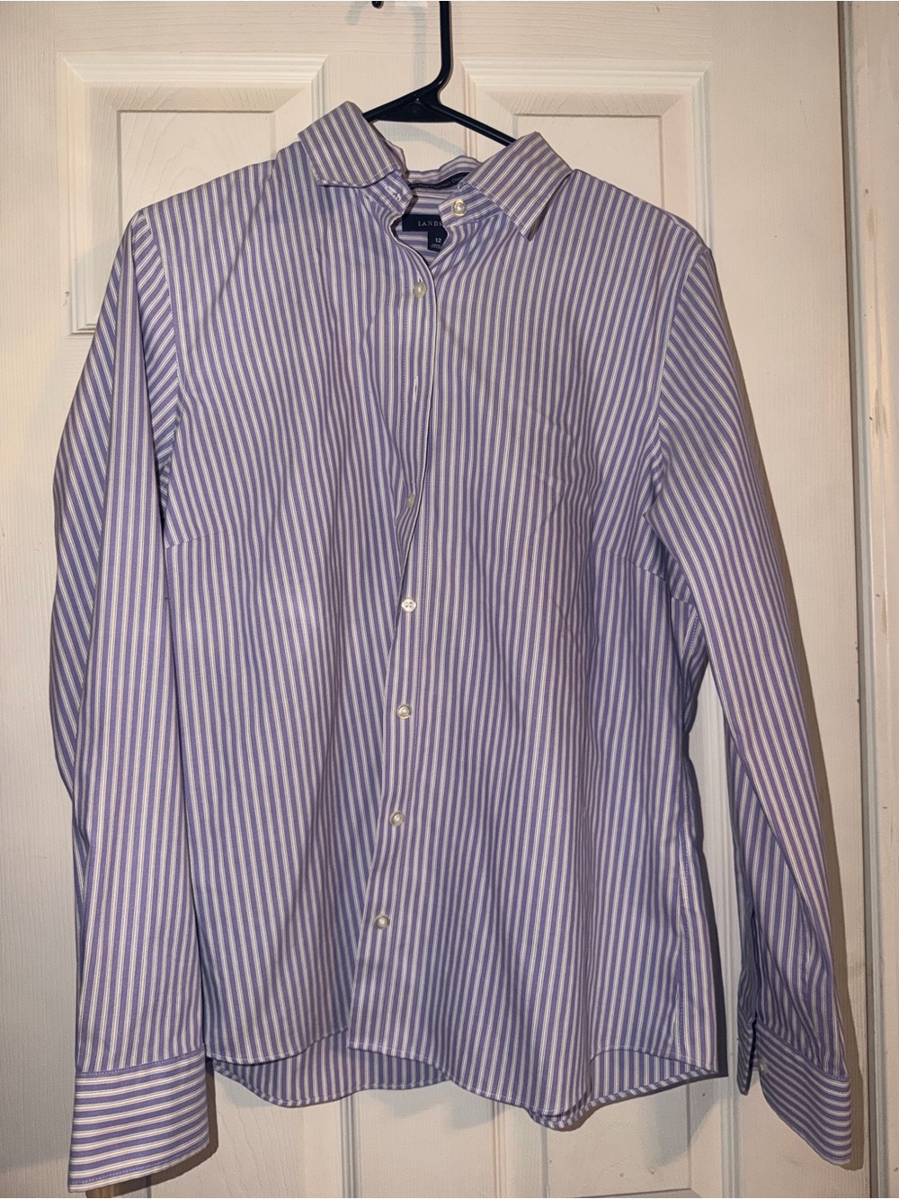 Lands' End Lavender and White Striped Button-Up Shirt